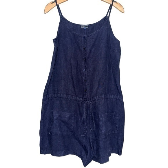 ATWELL Women’s Size S Navy Blue Henley Patch Front Drawstring Linen Romper - Picture 1 of 8